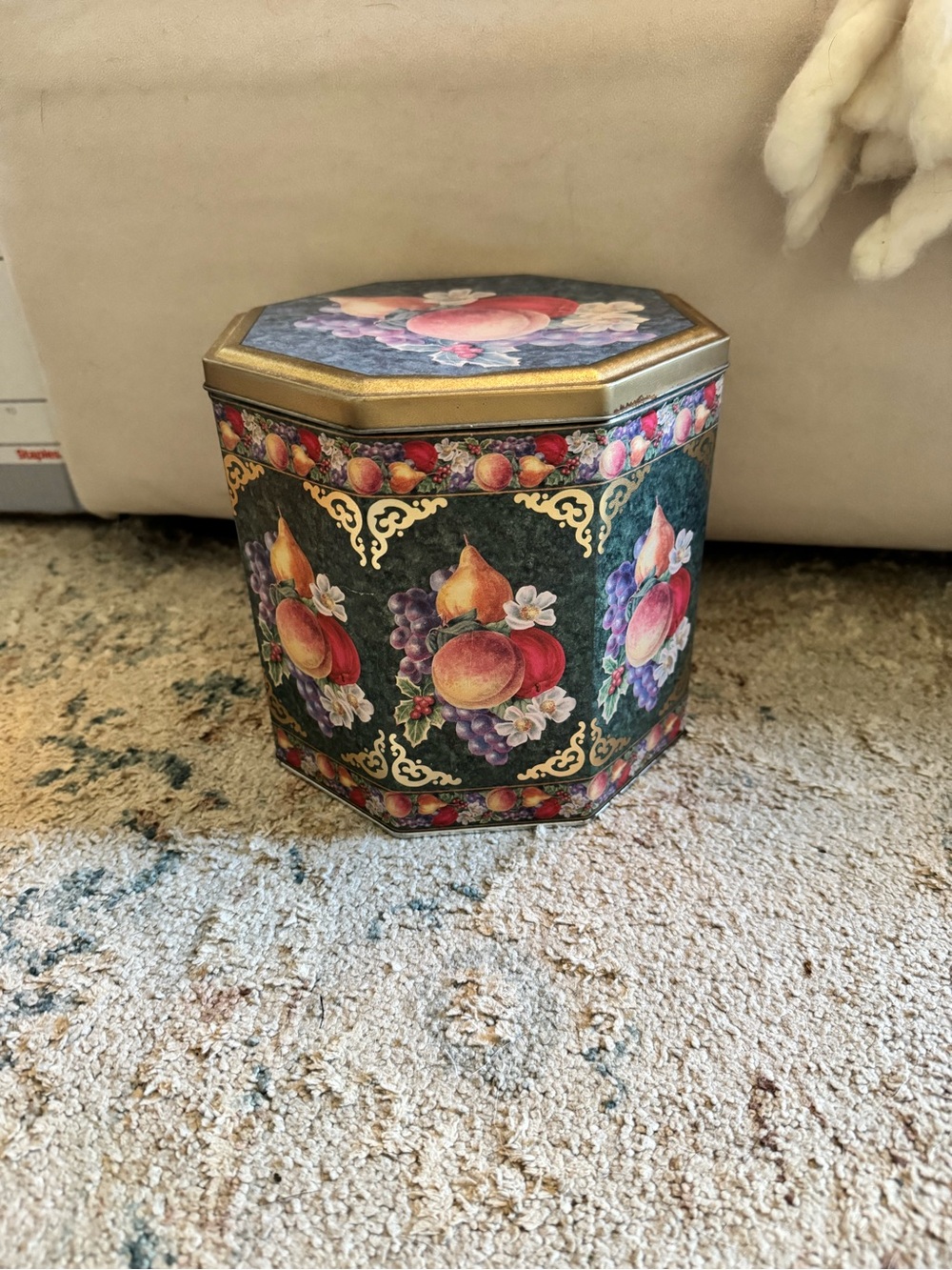 Vintage Hexagonal Fruit Motif Tin Canister - Green & Gold Canister- vintage